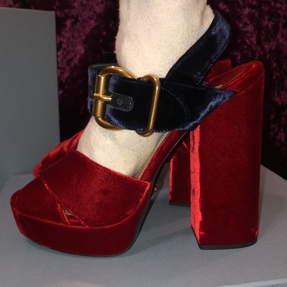 Prada Velvet Chunky Heel Sandals - Picture 5 of 16
